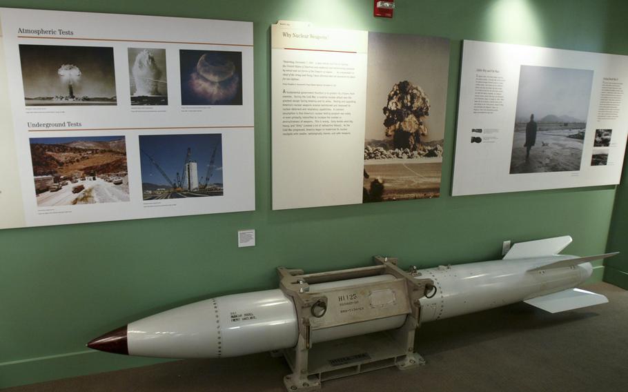 An empty B61 multipurpose thermonuclear tactical bomb is on display at the Atomic Testing Museum, Feb. 11, 2005, in Las Vegas, Nevada.