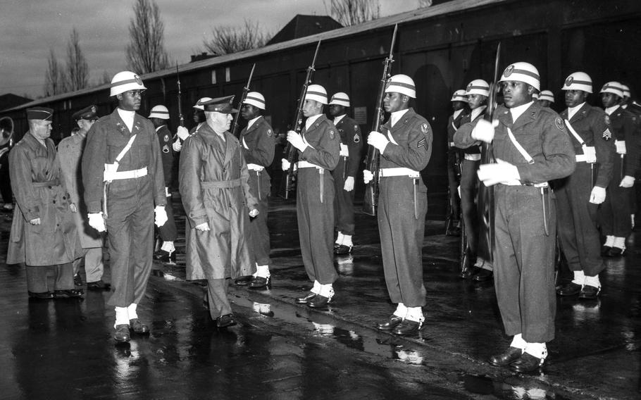 Lt. Gen. Clarence R. Huebner (center) inspects the honor guard commanded by 1st Lt. Roscoe Cartwright at the Kitzingen Basic Training Center for Negro troops. The deputy EUCOM commander toured the extensive former air base with 20 generals and staff officers from Frankfurt and the 1st Military District for six hours. The U.S. Armed Forces were still segregated in January 1948. President Harry Truman’s executive order 9981 abolishing discrimination in the armed services “on the basis of race, color, religion or national origin,” which led to the end of segregation in the armed services, was issued July 26, 1948.