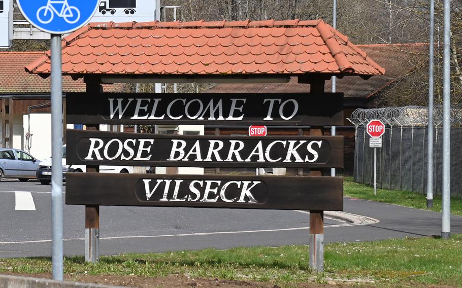 The main entrance gate at Rose Barracks in Vilseck, Germany, is shown March 22, 2024. A soldier from the base was convicted of battery on his infant son prior to the boy's death in March 2022. 