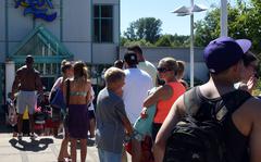 The line to get into the Azur swimming pool near Ramstein Air Base, Germany, was long on Tuesday, July 19, 2022, during what was the hottest day Germany has recorded so far this year. A heat wave has hit much of Europe, with U.S. bases coping by curtailing physical activity and work schedules in some places. 