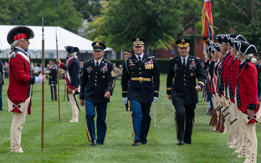 Chief of Staff of the U.S. Army Gen. James C. McConville and Sgt. Maj. of the U.S. Army Michael A. Grinston conducted a pass and review during the change of responsibility ceremony at Joint Base Myer-Henderson Hall in Arlington, Va., Friday, Aug. 4, 2023. The event was hosted by Secretary of the Army Christine E. Wormuth