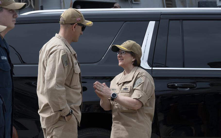 Chief of Naval Operations Adm. Lisa Franchetti welcomes the Arleigh Burke-class destroyer USS Carney (DDG 64) to Norfolk, Va., Friday, May 10, 2024.