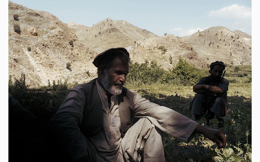 A Baghdara farmer sits with a Taliban gunman in a destroyed poppy field last month. 