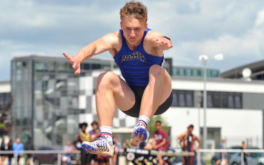 After capturing Friday’s triple jump, Brussels’ William Pierce also won the boys long jump at the DODEA-Europe track and field championships in Kaiserslautern, Germany, with a leap of 21 feet, 9 1/2 inches. 