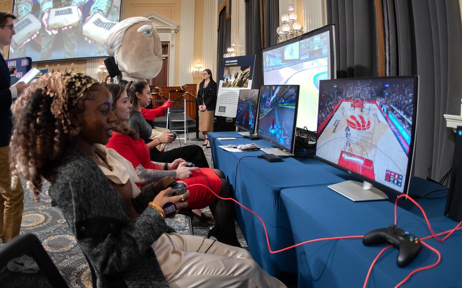 A row of video consoles offers video gaming during a USO presentation at the House Cannon office building in Washington, D.C., on Tuesday, Feb. 6, 2024.