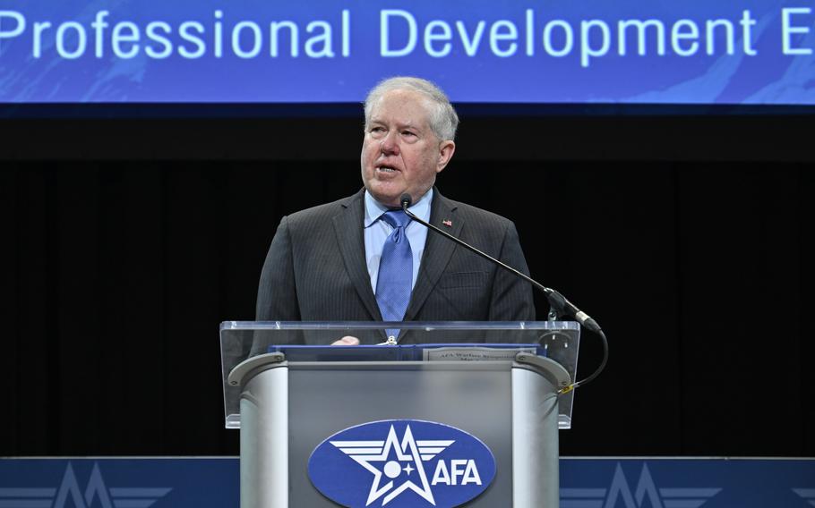 Secretary of the Air Force Frank Kendall delivers a keynote speech “One Team, One Fight” during the Air and Space Forces Association 2023 Warfare Symposium in Aurora, Colo., March 7, 2023. 