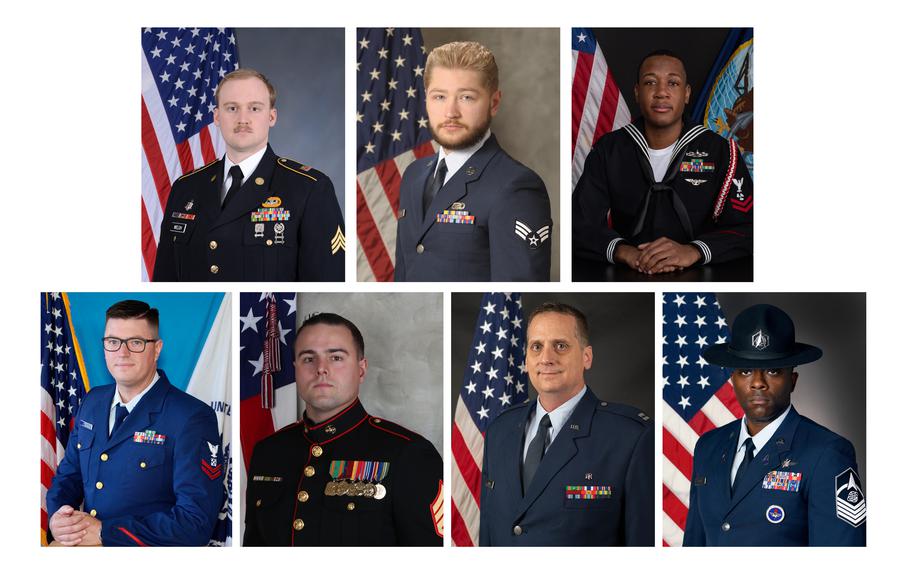 The 2024 USO Service Members of the Year will be honored Thursday, April 11, 2024, at the organization’s gala at The Anthem in Washington. Top row from left: Army Sgt. Tanner Welch, Senior Airman Travis Spong and Navy Petty Officer 2nd Class Royston Pitt. Bottom row from left: Coast Guard Petty Officer 2nd Class Joshua Marzilli, Marine Corps Sgt. Brett Meil, Illinois Air National Guard Capt. James Horn and Space Force Master Sgt. Louis Perry Jr.