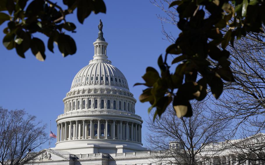 Sunlight shines on the U.S. Capitol in Washington on Monday, Feb. 21, 2022. 
