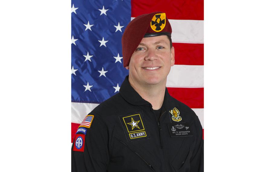 Sgt. 1st Class Michael “Ty” Kettenhofen, who had served with the Army’s Golden Knights parachute demonstration team since 2020, was killed during a training jump at Homestead Air Reserve Base in Florida, Monday, March 13, 2023.