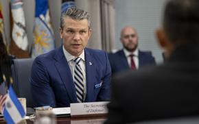 Secretary of Defense Pete Hegseth and El Salvador Minister of National Defense René Francis Merino Monroy participate in a bilateral exchange at the Pentagon, Washington, D.C., April 16, 2025. (DoD photo by U.S. Navy Petty Officer 1st Class Alexander Kubitza)