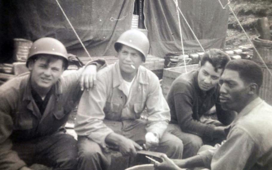 U.S. soldiers relax at a camp in this undated image from the Korean War.
