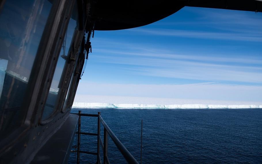 U.S. Coast Guard Cutter Polar Star approaches the ice shelf in the southernmost navigable waters of Antarctica, Feb. 17, 2022. Polar Star came within 500 yards of the ice shelf.
