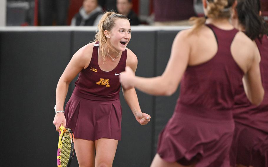Minnesota sophomore Aiva Schmitz celebrates as the Golden Gophers take down No. 62 Iowa in a Big Ten match on March 31, 2024, at the Baseline Tennis Center in Minneapolis. Schmitz, a 2022 Kaiserslautern graduate, has clinched three conference matches for Minnesota this spring.