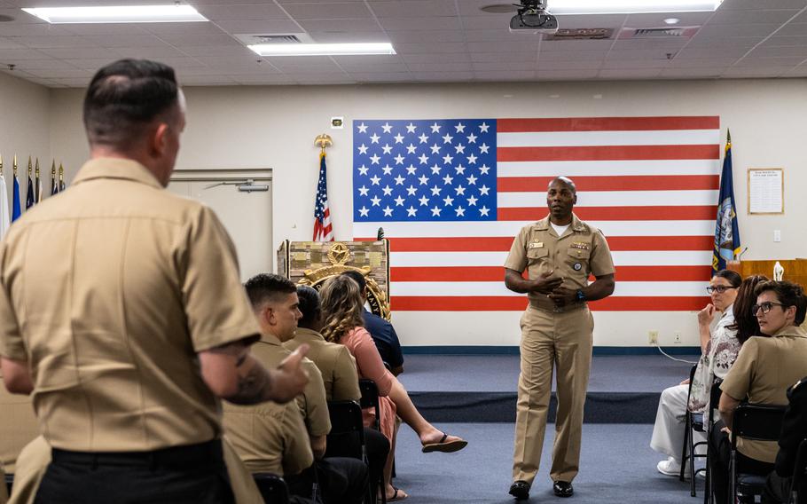 Rear Adm. Alexis Walker, who leads Navy Recruiting Command, takes questions at an event in June in Pensacola, Fla. Walker told senators on Wednesday, Dec. 6, 2023, that educating the public about the Navy is part of the service’s recruiting challenge. 