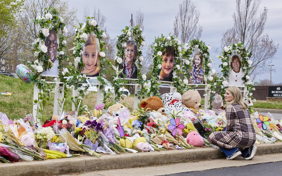 The March 31, 2023, memorial for the Covenant School shooting victims, from left: Mike Hill, Evelyn Marie Dieckhaus, Katherine Koonce, William Kinney, Hallie Scruggs and Cynthia Peak.