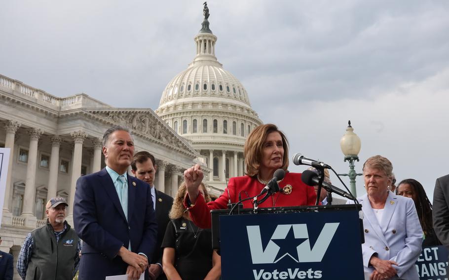 Democratic representatives Mark Takano of California (left), the ranking member of the House Veterans Affairs Committee, and Nancy Pelosi of California lead a press conference on veterans health care on Wednesday, April 26, 2023, at the Capitol in Washington, D.C. 