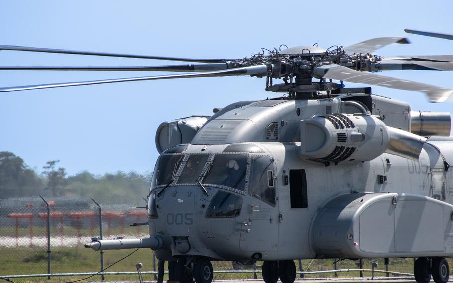 A helicopter lands.