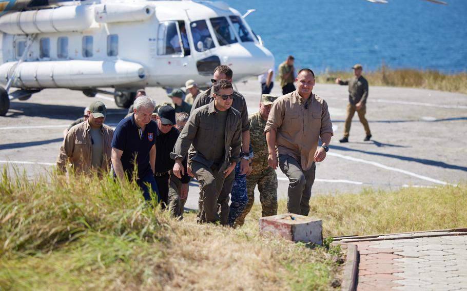 Ukrainian President Volodymyr Zelenskyy visits Snake Island in the Black Sea, Aug. 9, 2021. The island was attacked and taken by Russian troops on Feb. 25, 2022. The 13 personnel defending the island were killed after they refused to surrender to Russian warships, Ukraine's Foreign Affairs Ministry said.