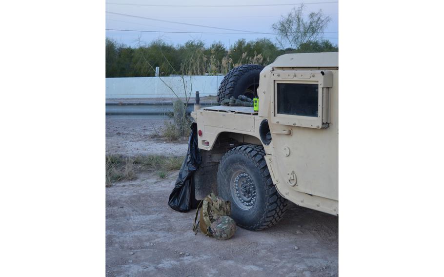 A Texas National Guard observation post is seen along a road in Mission, Texas, on Jan. 19, 2022, as part of Operation Lone Star.