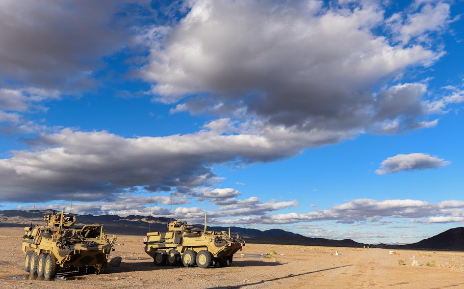 Stryker combat vehicles from the Army’s 11th Armored Cavalry Regiment, the dedicated opposing force for National Training Center rotations known as Black Horse, are pictured during a force-on-force fight with the 3rd Infantry Division’s 2nd Armored Brigade Combat Team Feb. 25, 2023. The 2nd ABCT fought the 11th ACR in a rotation preparing them to deploy to Europe later this year.