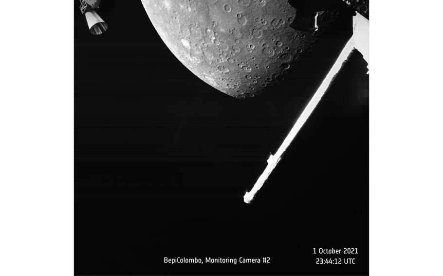 The joint European-Japanese BepiColombo mission captured this view of Mercury on 1 October 2021 as the spacecraft flew past the planet for a gravity assist maneuver.