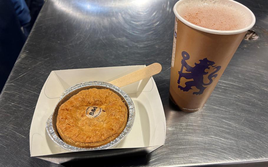 The beef and onion pie and a pint of cider were the perfect pre-match fuel at Stamford Bridge, London, on March 17, 2024. 