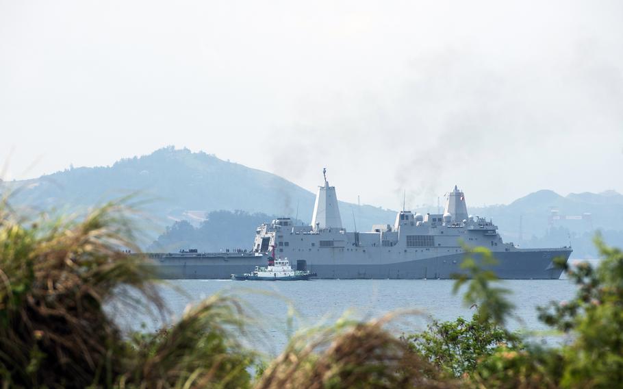 The USS Anchorage, an amphibious transport dock, steams into Subic Bay during Balikatan drills in the Philippines, April 23, 2023.
