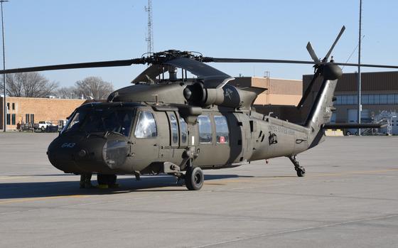 A U.S. Army UH-60 Black Hawk assigned to the Iowa Army National Guard’s Army Aviation Support Facility from Boone, Iowa is on the ramp at the Iowa Air National Guard’s 185th Air Refueling Wing in Sioux City, Iowa on April 13, 2023. U.S. Air National Guard photo Senior Master Sgt. Vincent De Groot