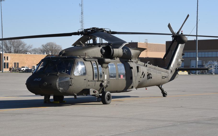 A U.S. Army UH-60 Black Hawk assigned to the Iowa Army National Guard’s Army Aviation Support Facility from Boone, Iowa, is on the ramp at the Iowa Air National Guard’s 185th Air Refueling Wing in Sioux City, Iowa, on April 13, 2023. 
