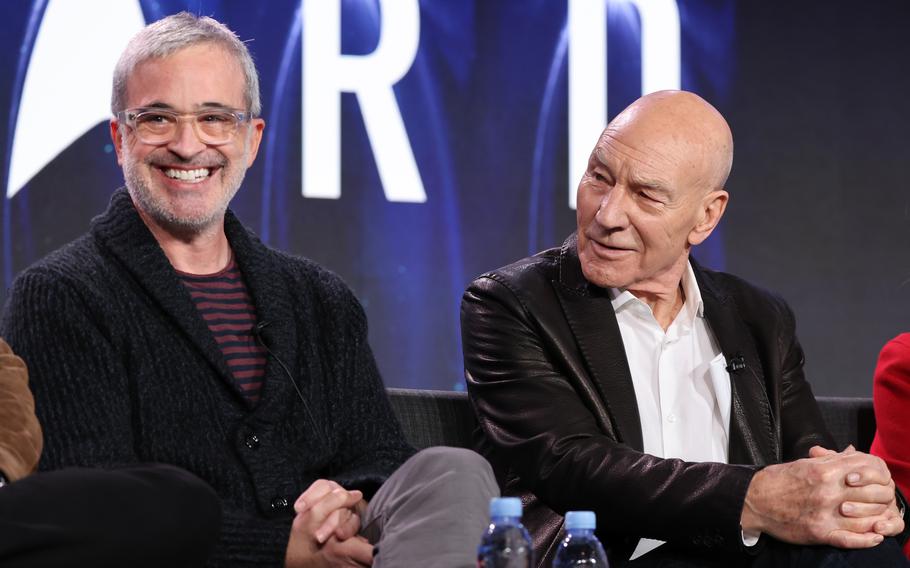 “Star Trek: Picard” Executive Producer Alex Kurtzman and actor Patrick Stewart speak on stage during the show’s TCA Paramount+ panel at The Langham Huntington on Jan. 9 in Pasadena, Calif.