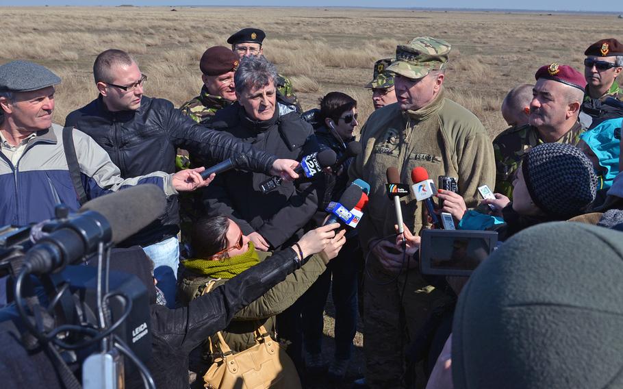 Ben Hodges, then a lieutenant general and U.S. Army Europe commander, is interviewed by reporters at the Smarden Training Area in Romania in 2015, after watching the 173rd Airborne Brigade parachute into the training area. Hodges was an early proponent of upgrading the Atlantic Resolve mission in Europe to a contingency operation, but he faced pushback from Washington at the time. 