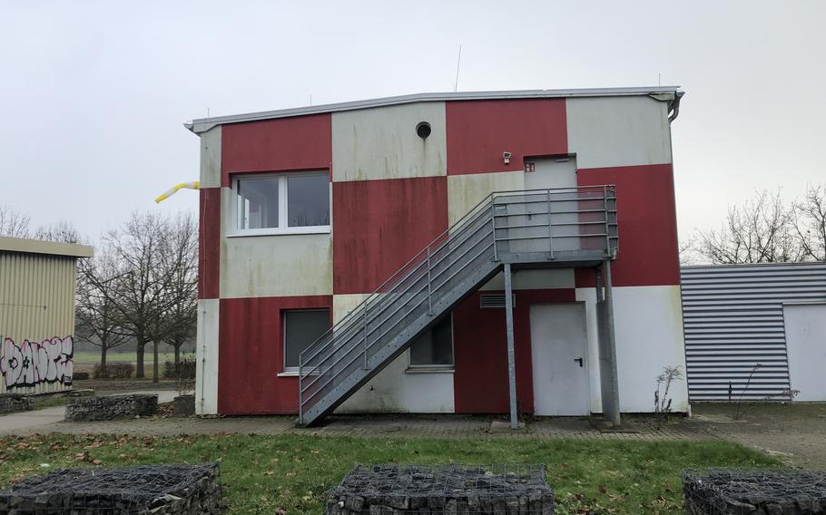 An old U.S. military flight tower remains at Alter Flugplatz in Frankfurt, Germany. The former airfield is now a park and event space.