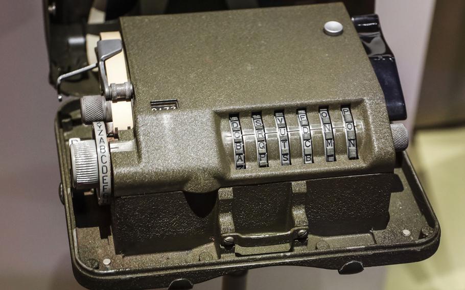 An M-209 Converter, a portable mechanical cipher machine used by the Army during World War II, at the National Museum of the United States Army on its reopening day, June 14, 2021.