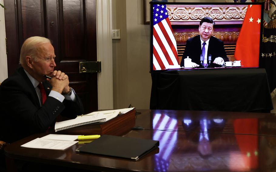 President Joe Biden participates in a virtual meeting with Chinese President Xi Jinping at the Roosevelt Room of the White House on Nov. 15, 2021, in Washington, DC. 