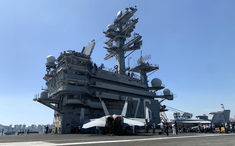 The aircraft carrier USS Ronald Reagan docks in Busan, South Korea, Friday, Sept. 23, 2022. 