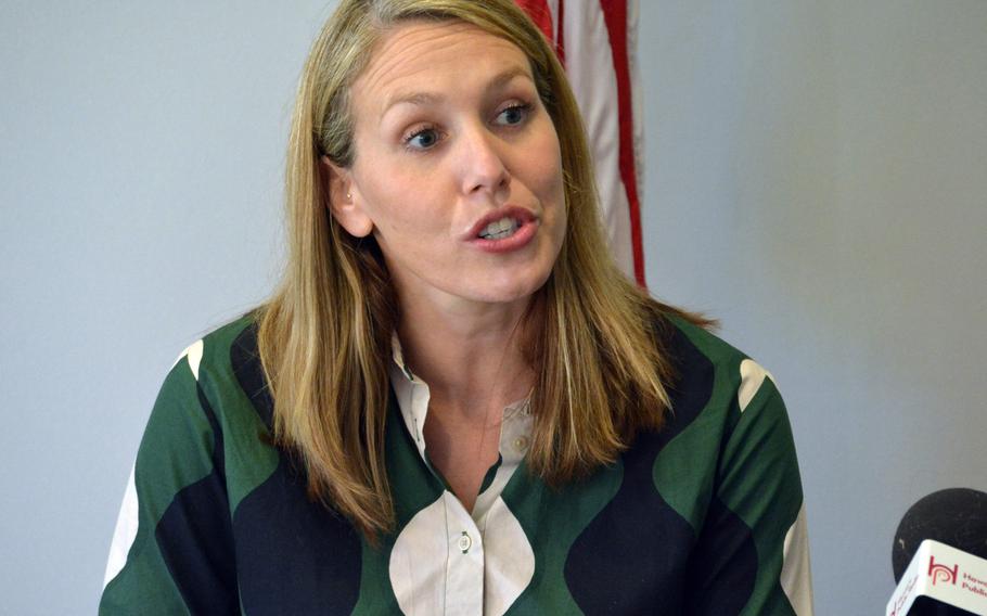 Meredith Berger, assistant secretary of the Navy for energy, installations and environment, speaks to reporters Nov. 1, 2022, at Joint Base Pearl Harbor-Hickam, Hawaii, about closure plans for the Red Hill fuel storage facility.