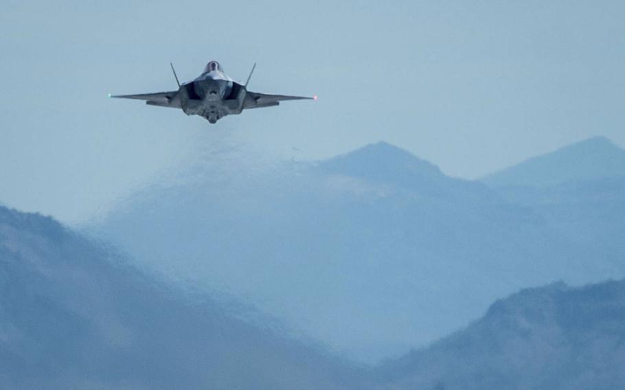 An F-35A Lightning II flies over the flightline at Luke Air Force Base, Ariz., on Aug. 21, 2017. The F-35’s single Pratt and Whitney turbo fan engine produces 43,000 pounds of thrust, using a six-stage compressor and three-stage fan.