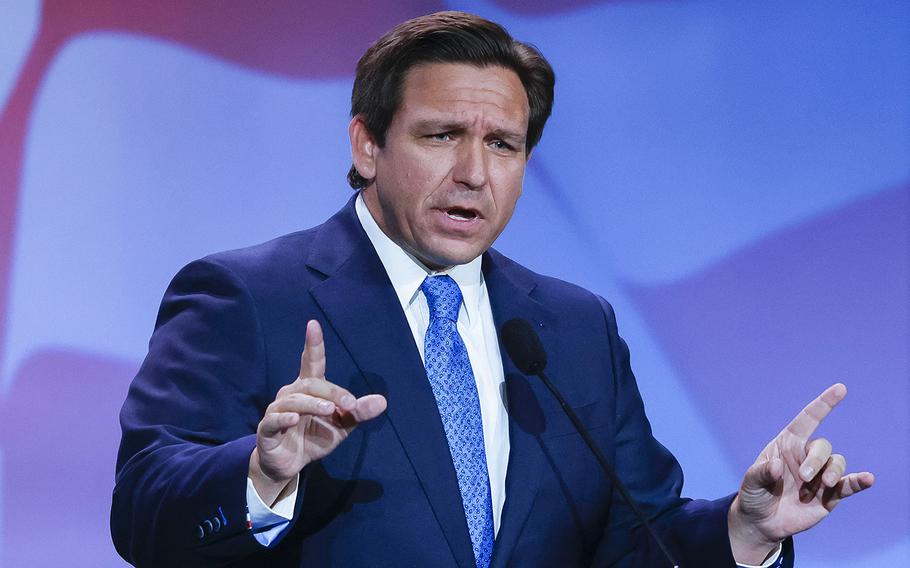 Florida Gov. Ron DeSantis speaks at the Republican Jewish Coalition Annual Leadership Meeting on Nov. 19, 2022, in Las Vegas. 