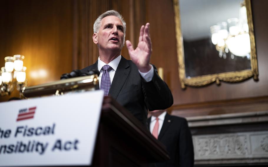 House Speaker Kevin McCarthy (R-Calif.) speaks with reporters at the Capitol in Washington on May 31, 2023. 