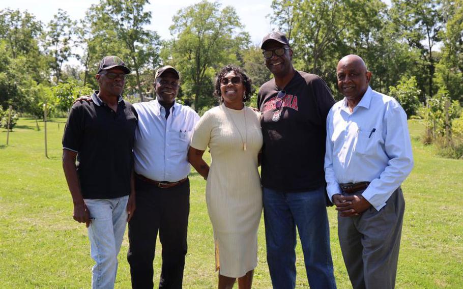 Syracuse military veterans (from left) Horace White, Herb Dunmore, Corliss Dennis and Alonzo Senior met with Michael Atkins at Kirk Park to discuss plans for a military memorial for people of color.
