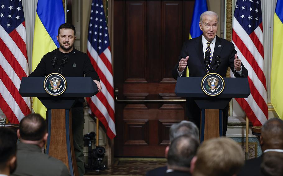 Ukrainian President Volodymyr Zelenskyy and U.S. President Joe Biden hold a news conference in the Indian Treaty Room of the Eisenhower Executive Office Building on Dec. 12, 2023, in Washington, D.C.