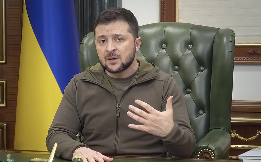 Ukrainian President Volodymyr Zelenskyy speaks from Kyiv, Ukraine, Monday night, March 28, 2022. 