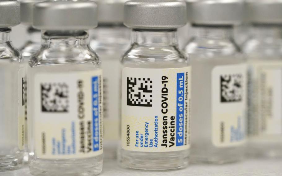 Vials of Johnson & Johnson COVID-19 vaccine are seen at a pharmacy in Denver, Colo., on March 6, 2021. Johnson & Johnson on Thursday, June 10, said that the U.S. Food and Drug Administration extended the expiration date on millions of doses of its COVID-19 vaccine by an extra six weeks.