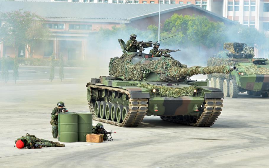 Members of Taiwan’s 564th Armored Brigade demonstrate their ability to repel an airborne attack near Kaohsiung, Taiwan, Jan. 11, 2023. 