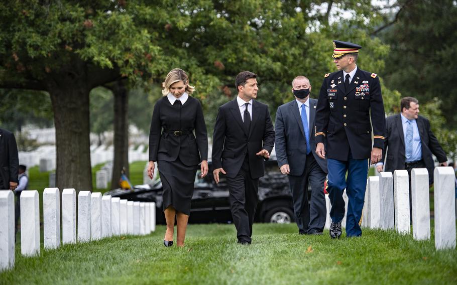 Ukraine First Lady Olena Zelenska, President of Ukraine Volodymyr Zelenskyy, and U.S. Army Col. Michael Binetti, chief of staff, Arlington National Cemetery walk through Section 70 of Arlington National Cemetery, Arlington, Virginia, September 1, 2021. 