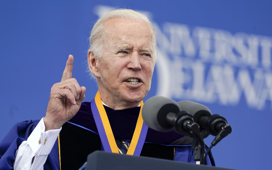 President Joe Biden delivers his keynote address to the University of Delaware Class of 2022 during its commencement ceremony in Newark, Del., Saturday, May 28, 2022. 
