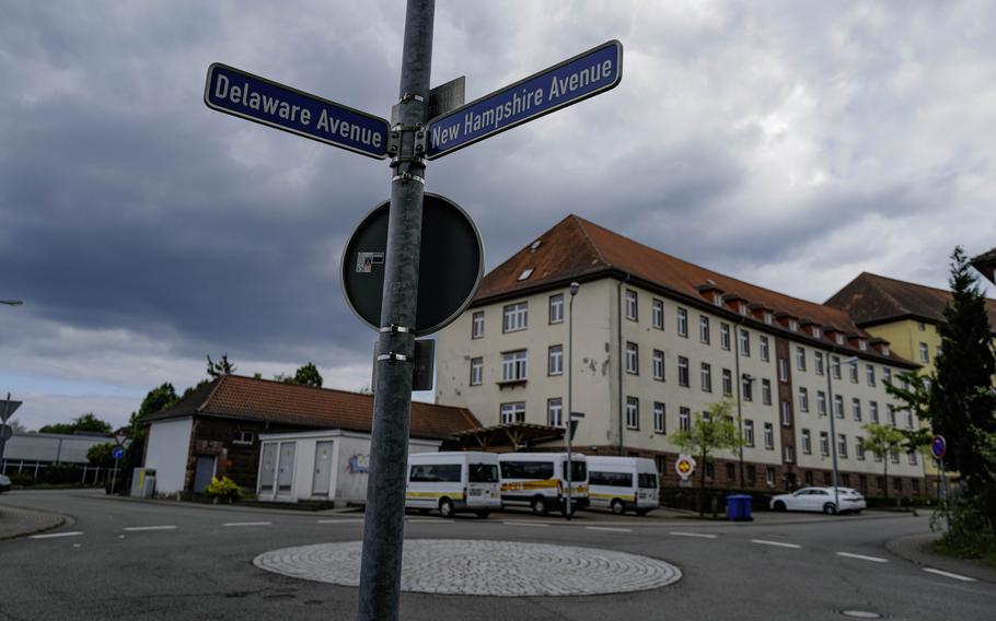 English street names such as Delaware Avenue and New Hampshire Avenue remain on the grounds of the former Husteröhe Kaserne in Pirmasens, Germany. The hilltop building in the background was dubbed "the banana building" because of its crescent shape.