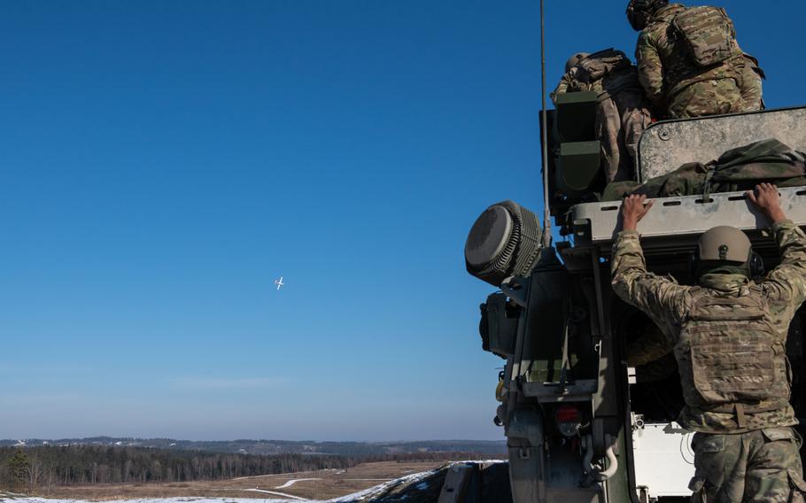 Soldiers with the 5th Battalion, 4th Air Defense Artillery Regiment train to counter short-range aerial threats with the M-SHORAD system at Grafenwoehr Training Area, Germany, Thursday, Feb. 9, 2023. 