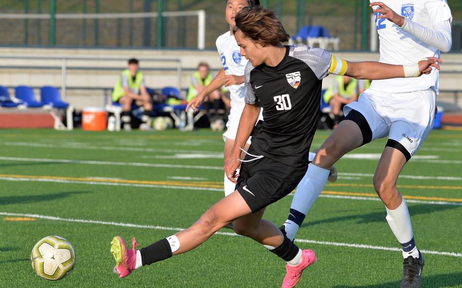 Stuttgart’s Itzak Sandoval takes a shot on goal in the boys Division I final at the DODEA-Europe soccer championships in Ramstein, Germany, May 18, 2023. Stuttgart beat Wiesbaden 2-1 to win the title.