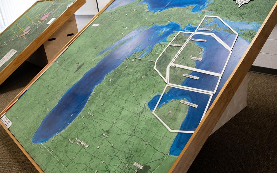 A map of Michigan at Camp Grayling shows the airspace over land and water during the Northern Strike military exercise this month.